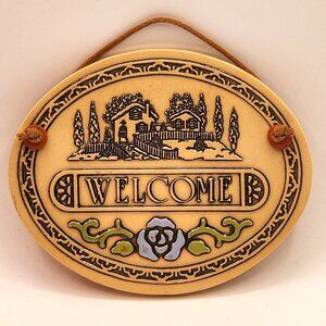 Vintage Trinity Pottery Wall Plaque Welcome Sign Blue Rose Pottery Hand Made '87